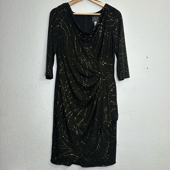 Alex Evenings Women’s Size 8 Black Gold 3/4 Sleeve Midi Knee Length Dress - Picture 1 of 13